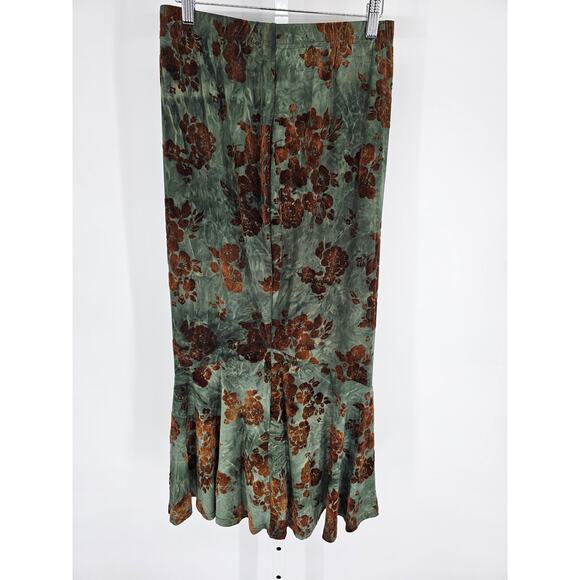H&M Womens Sz M Maxi length Tulip Flare Skirt Green Brown Velvet Floral Boho - Picture 1 of 4